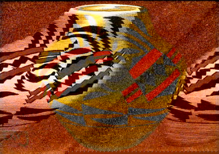 Erv Johnson (NM,20 century) oil painting: ARTIST: Erv Johnson (New Mexico, 20 century) TITLE: Native American Pottery MEDIUM: oil on board CONDITION: Very good. No visible inpaint under UV light. Wear to frame. <