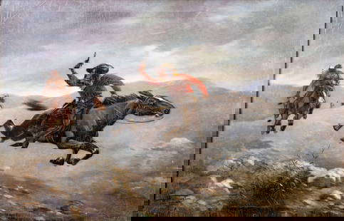 John Worthington (US,early 20C) oil painting antique: ARTIST: John Worthington (American, early 20 century) TITLE: The Chase MEDIUM: oil on canvas CONDITION: Few patches. Some scratches/paint losses. Some craquelure. Some scatt