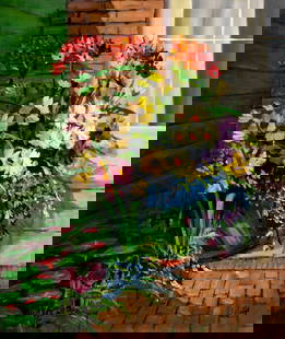 Van Riebeek (Dutch,20C) oil painting: ARTIST: Van Riebeek (Netherlands, 20 century) TITLE: Flower Backyard MEDIUM: oil on canvas CONDITION: Unstretched (In-House stretching available). Missing a few flakes of pa