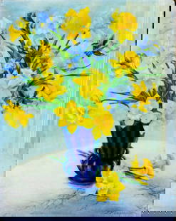 S M Gayas (US,20C) oil painting: ARTIST: S M Gayas (American, 20 century) TITLE: Still Life with Vase of Flowers MEDIUM: oil on canvas CONDITION: Few small scratches/paint losses. Some craquelure. Few small