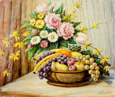 Peter Rosiska (US,mid 20C) oil painting: ARTIST: Peter Rosiska (American, mid 20 century) TITLE: Still Life with Fruit and Flowers YEAR: 1952 MEDIUM: oil on canvas. Canvas applied to board. CONDITION: