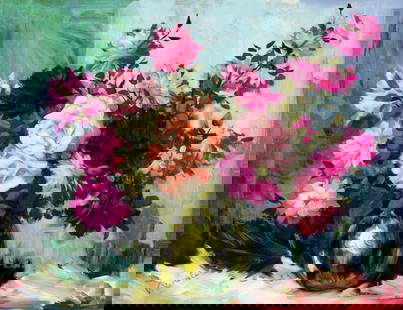 V Dorsele (Europe,20C) oil painting: ARTIST: V Dorsele (European, 20 century) TITLE: Still Life with Vase of Roses MEDIUM: oil on canvas CONDITION: Unstretched (In-House stretching available). Few small paint l