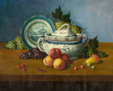 V Natarel (Europe,20C) oil painting: ARTIST: V Natarel (European, 20 century) TITLE: Still Life with Fruit and Dishes MEDIUM: oil on canvas CONDITION: Unstretched (In-House stretching available). Overall good.