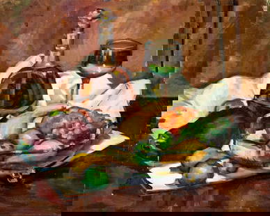 John Moore (US,mid 20C) oil painting: ARTIST: John Moore (American, mid 20 century) TITLE: Still Life with Fruit MEDIUM: oil on canvas board CONDITION: Some small damages to corners. Some small paint losses. Som