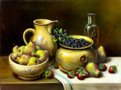 W Pater (US,20C) oil painting: ARTIST: W Pater (American, 20 century) TITLE: Still Life with Pears and Berries MEDIUM: oil on canvas CONDITION: Few faint scratches along edges. No visible inpaint under UV