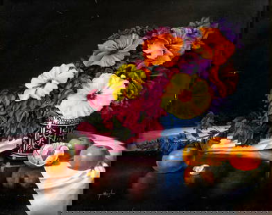 Morales (US,20C) oil painting: ARTIST: Morales (American, 20 century) TITLE: Still Life with Vase of Flowers and Tangerines MEDIUM: oil on canvas CONDITION: Minor scratches/paint losses. No visible inpain