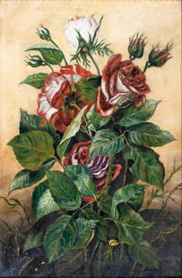 Antique 19C American oil painting: ARTIST: - (American, 19 century) TITLE: Still Life with Roses MEDIUM: oil on canvas CONDITION: Three patches. Some scratches/paint losses. Two punctures. No visible inpain