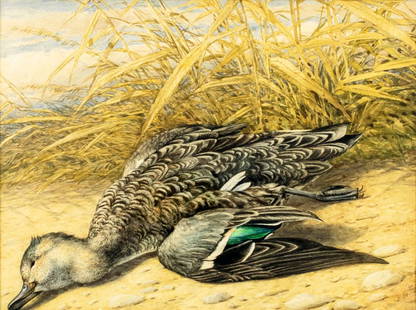 E Smith (early 20C) watercolor painting antique: ARTIST: E Smith (early 20 century) TITLE: Still Life with Dead Game MEDIUM: watercolor on paper CONDITION: Some age toning. Framed under glass. ART SIZE:
