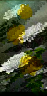 Antique 19C American oil painting: ARTIST: - (American, 19 century) TITLE: Still Life with Yellow Roses MEDIUM: oil on canvas CONDITION: Two small patches. Few small paint losses. Some craquelure. No visibl