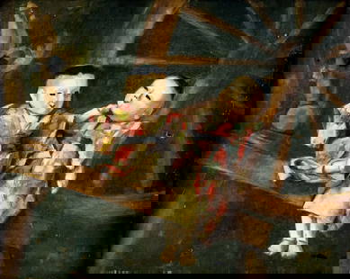 Antique early 20C American oil painting: ARTIST: - (American, early 20 century) TITLE: Still Life with Japanese Dolls MEDIUM: oil on canvas CONDITION: One nail hole by the right edge. Five small patches. Some sma