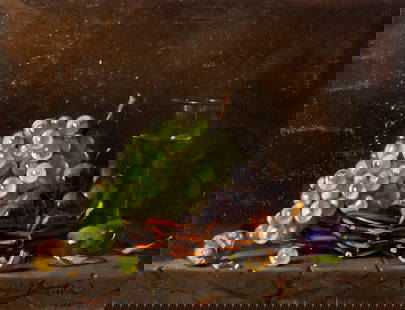 Vladimir Ruzicka (Czech,1913-?) oil painting: ARTIST: Vladimir Ruzicka (Czech Republic, 1913 - ?) TITLE: Still Life with Grapes, Plums and Glass MEDIUM: oil on canvas CONDITION: Unstretched (In-House stretching availa