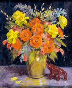 Charles Marston (MA,1898-1980) oil painting: ARTIST: Charles Gordon Marston (Massachusetts, 1898 - 1980) TITLE: Still Life with Vase of Flowers and Elephant Figurine MEDIUM: oil on canvas CONDITION: Some scratches/pa