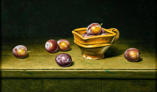 Stefaan Eyckmans (Belgium,b 1964) oil painting: ARTIST: Stefaan Eyckmans (Belgian, born 1964) TITLE: Still Life with Plums YEAR: 2009 MEDIUM: oil on board CONDITION: Very good. No visible inpaint under