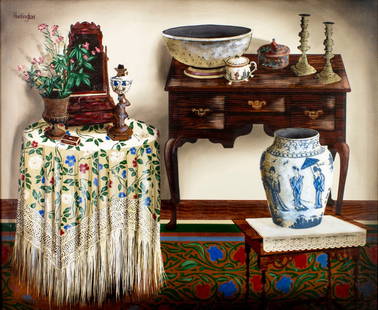 Huntington (US,20C) oil painting: ARTIST: Huntington (American, 20 century) TITLE: Still Life MEDIUM: oil on canvas CONDITION: Few minor scratches/paint losses. No visible inpaint under UV light. Some small