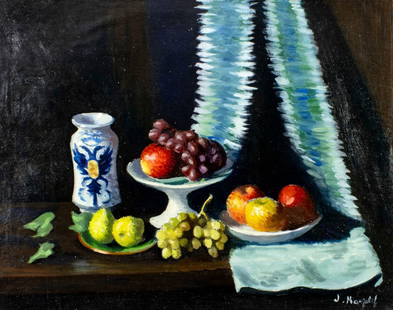 J Margalet (Europe,20C) oil painting: ARTIST: J Margalet (European, 20 century) TITLE: Still Life with Vase and Fruit MEDIUM: oil on canvas CONDITION: Unstretched (In-House stretching available). Minor paint los