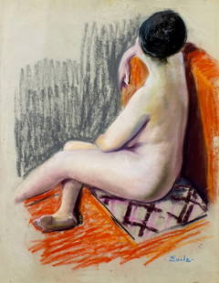 Maurice James Earle (NJ,1905-?) pastel painting: ARTIST: Maurice James Earle (New Jersey, 1905 - ???) TITLE: Nude MEDIUM: pastel on heavy paper CONDITION: Few minor tears to edges. Few small crease lines by the corners. ART SIZE: 26 x 20 inches /