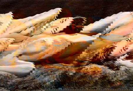 Zoriana Petriv (Ukraine,b 1994) oil painting: ARTIST: Zoriana Petriv (Ukrainian, born 1994) TITLE: Nudes - Two Girls on a Dark Background (titled on verso) YEAR: 2013 MEDIUM: oil on canvas CONDITION: Unstretched (In-House stretching available).