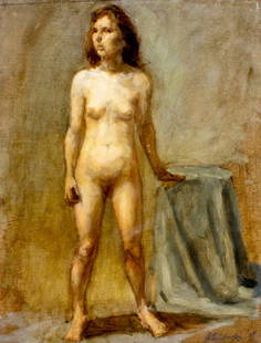 A Johnson (US,20C) oil painting: ARTIST: A Johnson (American, 20 century) TITLE: Nude YEAR: 1977 MEDIUM: oil on board CONDITION: Minor damages to upper corner and edges. Minor scratches/paint losses. No visible inpaint under UV