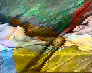 Vintage mid 20C American oil painting: ARTIST: - (American, mid 20 century) TITLE: Reclining Nude MEDIUM: oil on canvas CONDITION: One small patch. Some craquelure. No visible inpaint under UV light. Wear to frame. ART SIZE: 16 x 20