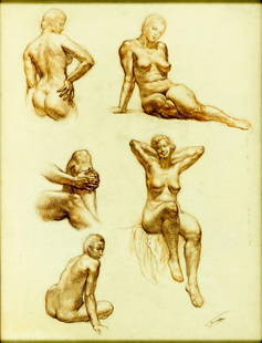 Vincent Nesbert (PA,Poland,1898-1976) chalk painting: ARTIST: Vincent Nesbert (Pennsylvania, Polish, 1898 - 1976) TITLE: Nudes MEDIUM: chalk on paper CONDITION: Some age toning. Framed under glass. Minor damages to frame.