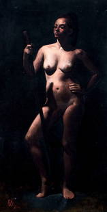 Olivier Luc Casse (FL,20/21C) oil painting: ARTIST: Olivier Luc Casse (Florida, 20/21 centuries) TITLE: Nude - Pride YEAR: 2010 MEDIUM: oil on canvas CONDITION: Few small scratches. No visible inpaint under UV light. ART SIZE: 36 x 19 inches /