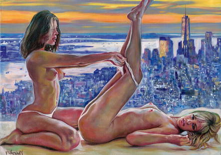 Valentin Ukrainets (Ukraine,b 1965) oil painting: ARTIST: Valentin Ukrainets (Ukrainian, born 1965) TITLE: Nudes - City Panorama and Love (titled on verso) MEDIUM: oil on canvas CONDITION: Unstretched (In-House stretching a