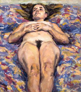 Colin Page (MD,ME,b 1977) oil painting: ARTIST: Colin Page (Maryland, Maine, born 1977) NAME: Reclining Nude MEDIUM: oil on canvas CONDITION: Very minor craquelure. No visible inpaint under UV light. SIGHT SIZE: 34 x 30 inches / 86 x 76 cm