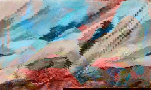 Vintage mid 20C American oil painting: ARTIST: - (American, mid 20 century) TITLE: Reclining Nude MEDIUM: oil on canvas CONDITION: Some scratches/paint losses. Minor craquelure. No visible inpaint under UV light. ART SIZE: 30 x 50 inches