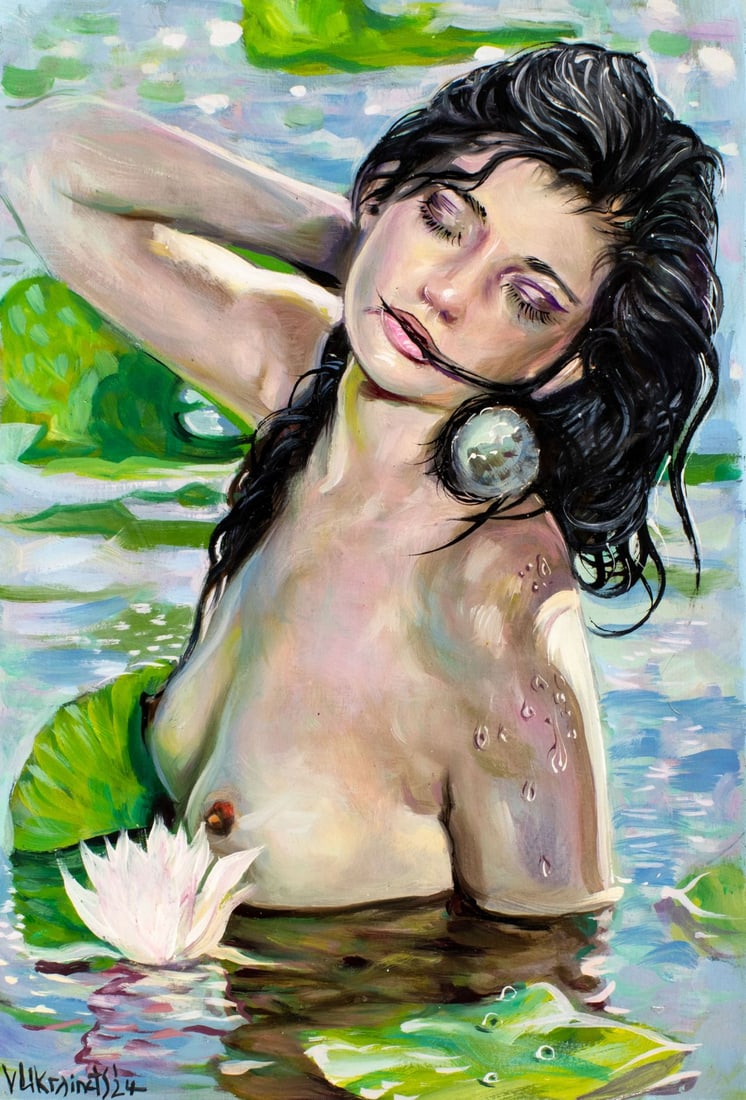 Valentin Ukrainets (Ukraine,b 1965) acrylic painting: ARTIST: Valentin Ukrainets (Ukrainian, born 1965) TITLE: Nude - A Girl and a Water Lilly (titled on verso) MEDIUM: acrylic on heavy paper CONDITION: Very good. No visible in