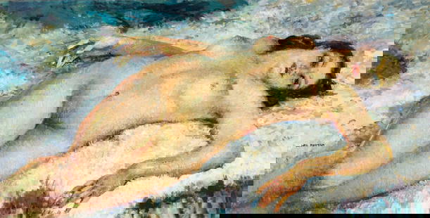 Leo Fontan (French,1884-1965) oil painting: ARTIST: Leo Fontan (France, 1884 - 1965) NAME: Reclining Nude MEDIUM: oil on canvas CONDITION: One puncture. Very minor craquelure. No visible inpaint under UV light. SIGHT SIZE: 20 x 39 inches / 50