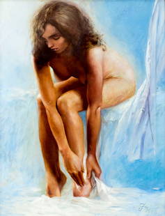 Vintage 20C American oil painting: ARTIST: - (American, 20 century) NAME: Nude MEDIUM: oil on board CONDITION: Very good. No visible inpaint under UV light. SIGHT SIZE: 20 x 16 inches / 50 x 40 cm FRAME SIZE: 22 x 18 inches / 55 x 45