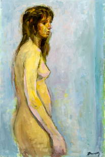 Albert Bela Bauer (Hungary,1899-1998) oil painting: ARTIST: Albert Bela Bauer (Hungarian, 1899 - 1998) TITLE: Nude MEDIUM: oil on canvas CONDITION: Few very minor scratches/paint losses. No visible inpaint under UV light. Normal wear along edges.