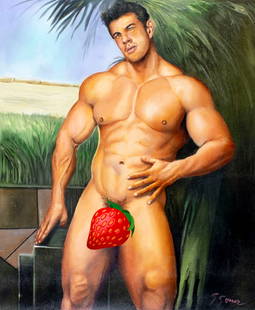 Gustavo Gomez (Colombia,FL,b 1956) oil painting: ARTIST: Gustavo Alonso Gomez (Colombian, Florida, born 1956) TITLE: Male Nude (titled on verso) MEDIUM: oil on canvas CONDITION: Unstretched (In-House stretching available). Very good. No visible