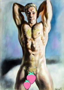 Valentin Ukrainets (Ukraine,b 1965) oil painting: ARTIST: Valentin Ukrainets (Ukrainian, born 1965) TITLE: Male Nude - Strongman (titled on verso) MEDIUM: oil on canvas CONDITION: Unstretched (In-House stretching available). Very good. No visible