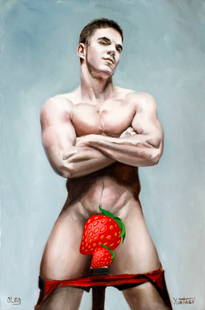 Oleg Yurtaev (Russia,b 1981) oil painting: ARTIST: Oleg Yurtaev (Russian, born 1981) TITLE: Male Nude - Brutal (titled on verso) MEDIUM: oil on canvas CONDITION: Unstretched (In-House stretching available). Very good. No visible inpaint under