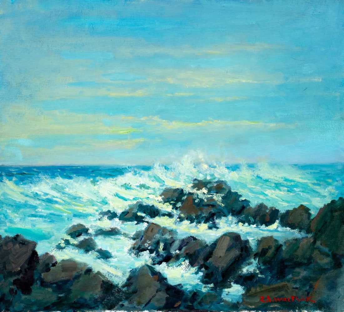 Robert Waltsak (NJ,b 1944) oil painting: ARTIST: Robert Alan Waltsak (New Jersey, born 1944) TITLE: Seascape MEDIUM: oil on canvas CONDITION: Very good. No visible inpaint under UV light. Normal wear along edges.