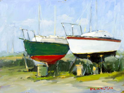 Robert Waltsak (NJ,b 1944) oil painting: ARTIST: Robert Alan Waltsak (New Jersey, born 1944) TITLE: Boatyard Scene MEDIUM: oil on board CONDITION: Few small paint losses along edges. No visible inpaint under UV lig