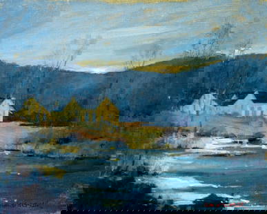 Robert Waltsak (NJ,b 1944) oil painting: ARTIST: Robert Alan Waltsak (New Jersey, born 1944) TITLE: Sunset River Landscape with Cottage MEDIUM: oil on canvas CONDITION: Few small faint scratches mostly along edges.