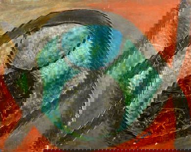 Pios Rodaman (FL,Brazil,b 1953) mixed media painting: ARTIST: Pios Rodaman (Florida, Brazilian, born 1953) TITLE: Si Titulo YEAR: 1998 MEDIUM: mixed media on canvas. Canvas applied to board. CONDITION: Some damage to the lower left corner of canvas.
