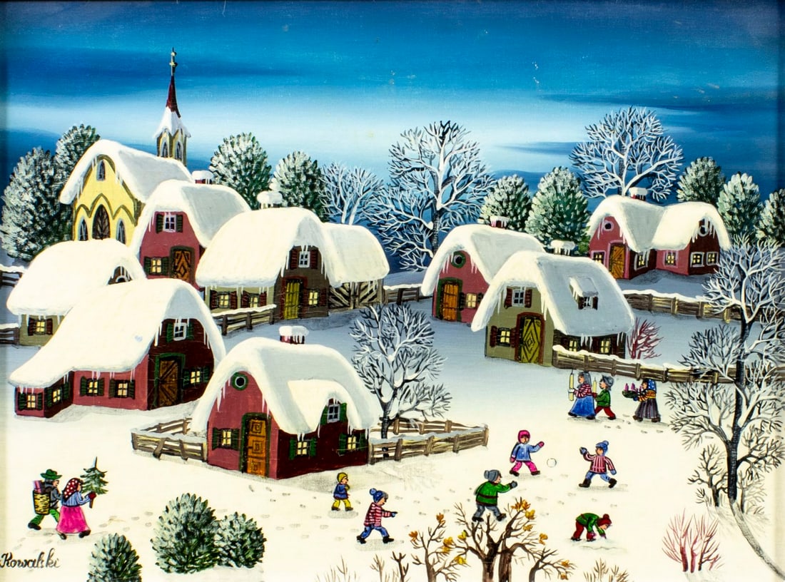 A Kowalski (Hungary,1926-?) oil painting: ARTIST: A Kowalski (Hungarian, 1926 - ???) TITLE: Winter Village Scene MEDIUM: oil on canvas CONDITION: Few small paint losses. Some craquelure. No visible inpaint under