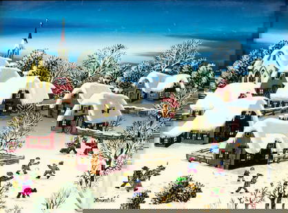 A Kowalski (Hungary,1926-?) oil painting: ARTIST: A Kowalski (Hungarian, 1926 - ???) TITLE: Winter Village Scene MEDIUM: oil on canvas CONDITION: Few small paint losses. Some craquelure. No visible inpaint under UV light. Minor damages