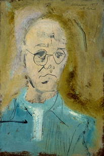 Sterling Strauser (PA,1907-1995) oil painting: ARTIST: Sterling Boyd Strauser (Pennsylvania, 1907 - 1995) TITLE: Self Portrait (titled on verso) YEAR: 1957 MEDIUM: oil on board CONDITION: Overall go