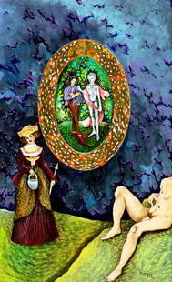 Alejandro Mazon (Cuba,NY,b 1962) oil painting: ARTIST: Alejandro U Mazon (Cuban, New York, born 1962) TITLE: Death and Young Man (titled on verso) YEAR: 1993 MEDIUM: oil on board CONDITION: Overall good. No visible inpaint under UV light. Wear to