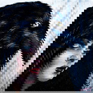 Martin Darkside (UK,20/21C) acrylic painting: ARTIST: Martin Darkside (United Kingdom, 20/21 centuries) TITLE: The Raven Princess YEAR: 2015 MEDIUM: acrylic on canvas board CONDITION: Very good. No visible inpaint under UV light. ART SIZE: 6 x 6
