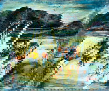 Ruth Lewis (NY,1905-1963) oil painting: ARTIST: Ruth Cohen Lewis (New York, 1905 - 1963) TITLE: Mexican Landscape (titled on verso) MEDIUM: oil on canvas CONDITION: One patch. Some paint losses. No visible inpai
