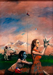 Vintage 20C American oil painting: ARTIST: - (American, 20 century) TITLE: Surreal Scene YEAR: 1989 MEDIUM: oil on canvas CONDITION: Few small scratches/paint losses. Some craquelure. No