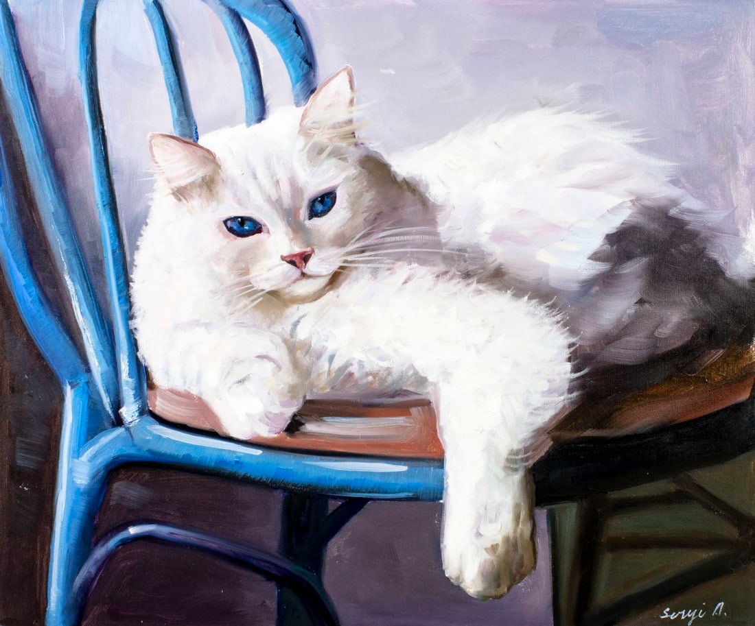 Alex Siryi (Ukraine,b 1997) oil painting: ARTIST: Alex Siryi (Ukrainian, born 1997) TITLE: White Cat MEDIUM: oil on canvas CONDITION: Unstretched (In-House stretching available). Very good. No visible inpaint under