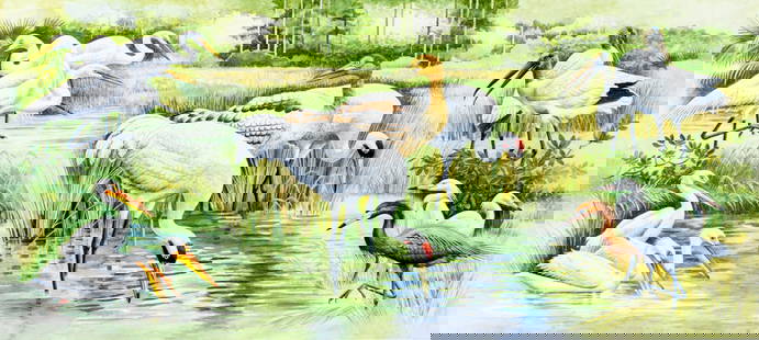 Pal Varga (Hungary,1937-?) watercolor painting: ARTIST: Pal Varga (Hungarian, 1937 - ???) TITLE: Whooping Crane, Wood Stork, Great Egret, Reddish Egret, American White Pelican Birds YEAR: 2005 MEDIUM: watercolor on heavy