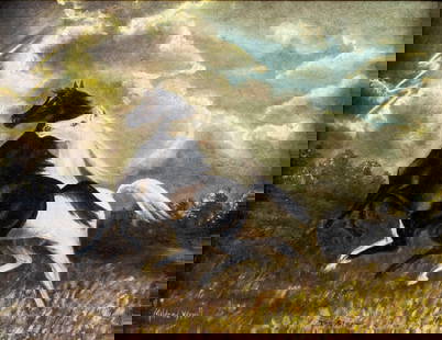 Mildred Wyvill (US,early 20C) oil painting antique: ARTIST: Mildred Wyvill (American, early 20 century) TITLE: The Storm MEDIUM: oil on canvas CONDITION: Few minor paint losses. No visible inpaint under UV light. Wear to frame. ART SIZE: 14 x 18