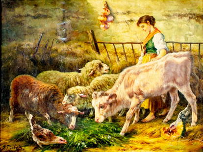 ATTRIB Gaston Dubois (France,19/20C) oil painting antique: ARTIST: ATTRIBUTED TO Gaston Dubois (French, 19/20 centuries) TITLE: Barn Scene MEDIUM: oil on canvas CONDITION: Few minor paint losses. Very minor craquelure. No visible in